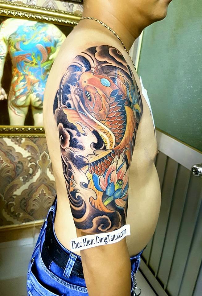 Hình xăm cá chép phong thuỷ may mắn đã hoàn tất xăm hoa văn cọp cho bạn bộ đội mới ra quân bạn nào xăm liên hệ 0907775670