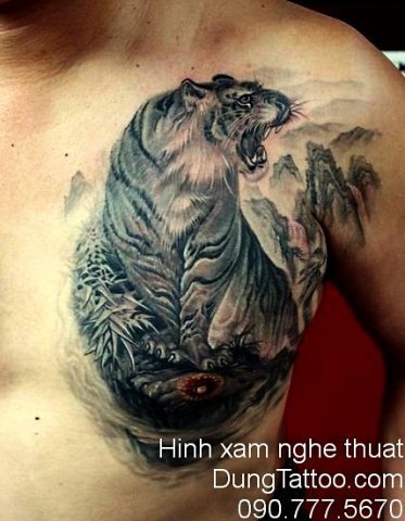Hình xăm cọp trên ngực trắng đen đẹp chính Dũng xăm 0907775670