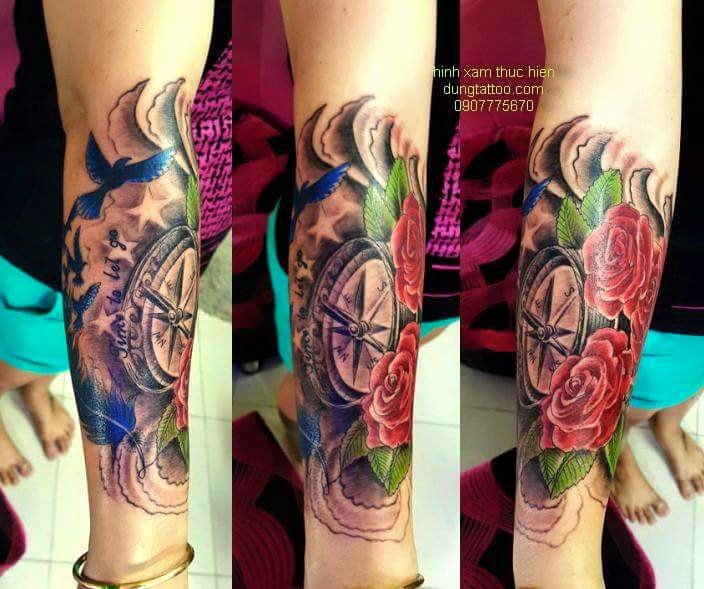 xăm hình hoa hồng đồng hồ châu âu cánh tay