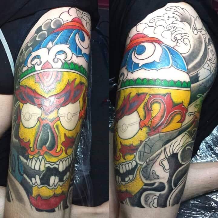 Hình xăm đầu lâu mặt quỷ full hết bắp chân đùi -thực hiện tại dũng 0907775670