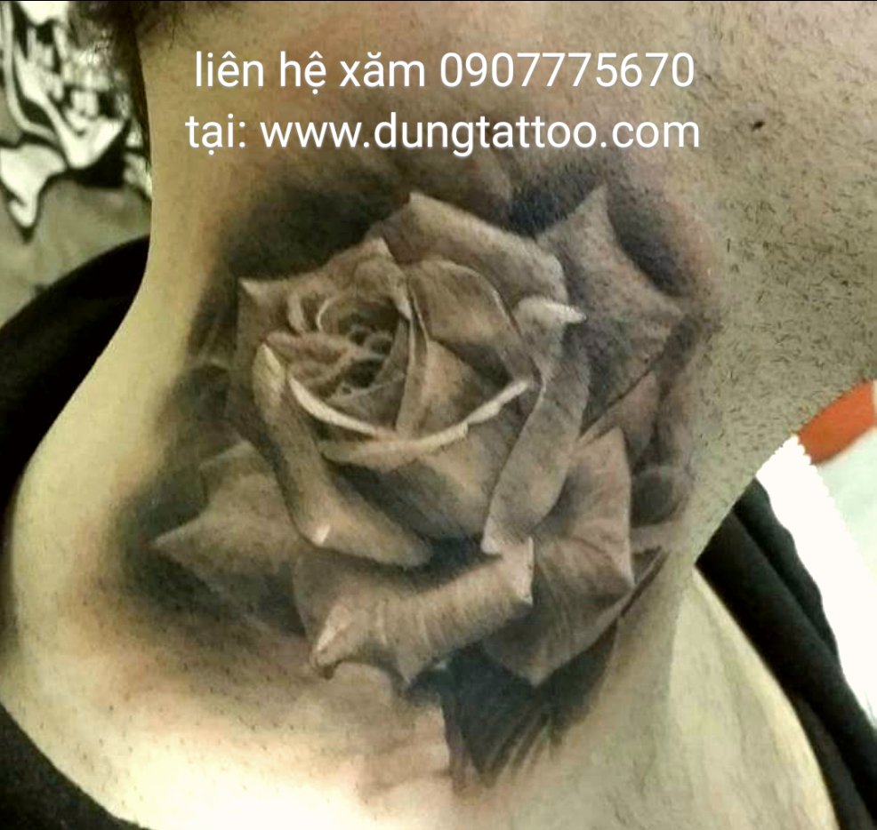 Hình xăm hoa hồng 3d trên cổ thực hiện tại dũng 0907775670